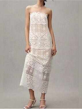 Strapless Eyelet Lace Midi Dress in Cream